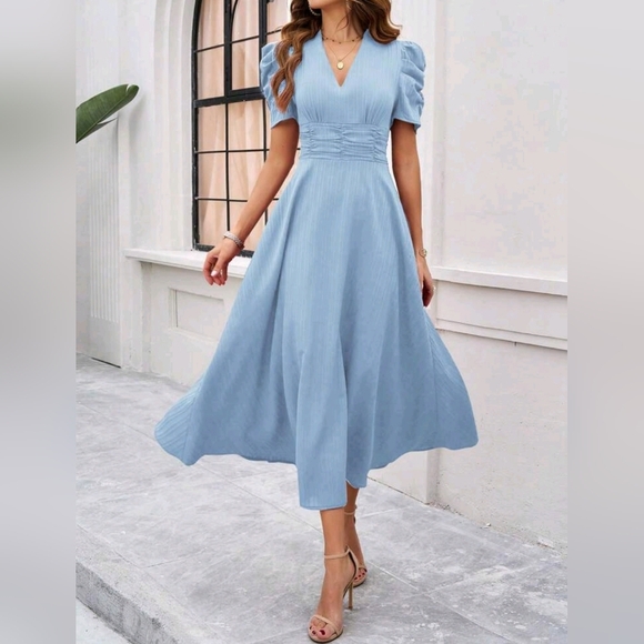 Boutique Dresses & Skirts - NEW Classic Textured Stripe Ruched Waist Puffed Sleeve Midi Dress Blue